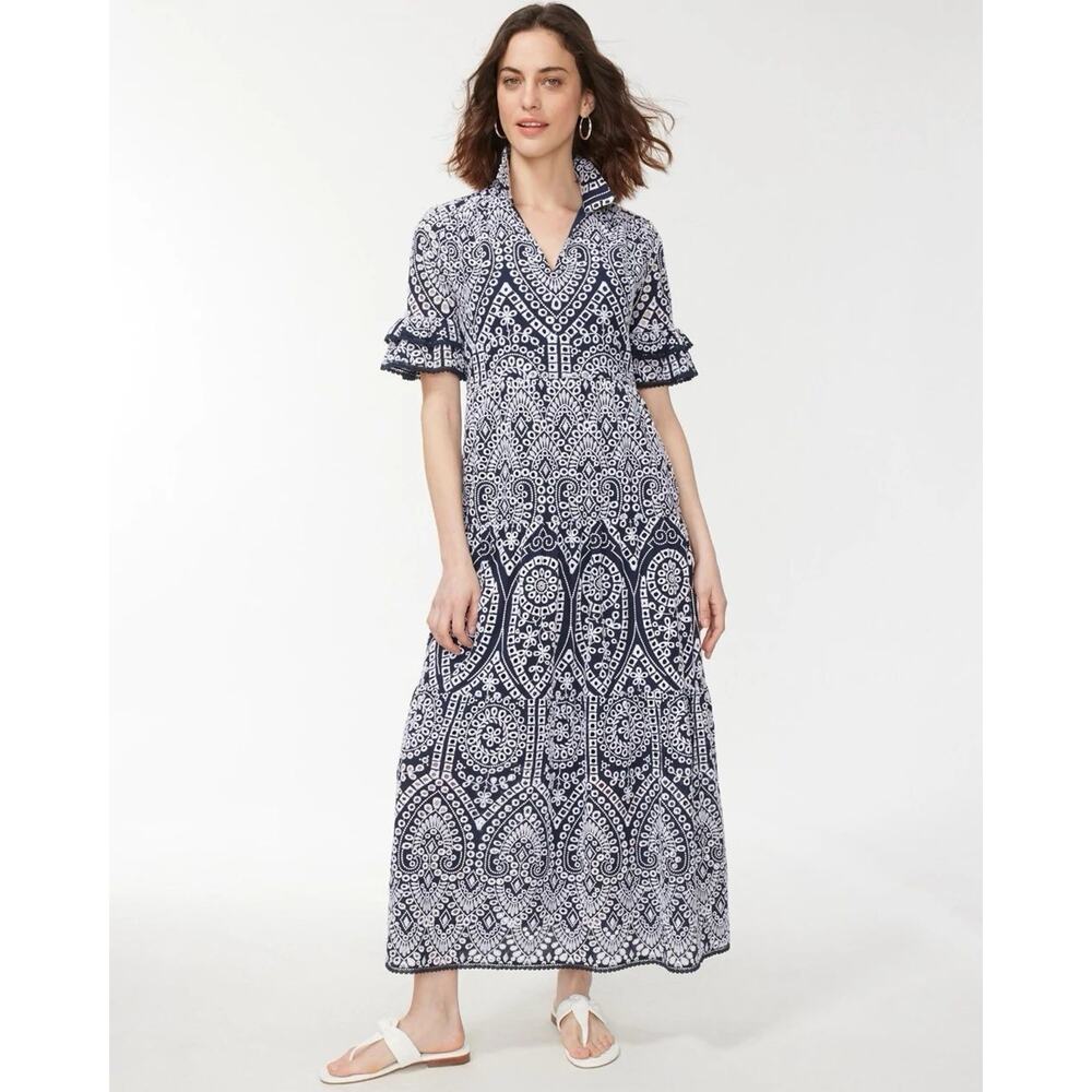 Chico's Blue and White Puff Sleeve Maxi Dress